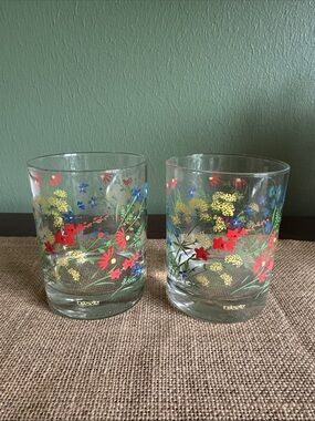 Vintage Tastesetter Wildflower Garden Low Ball Whiskey Rocks 2 Glasses
